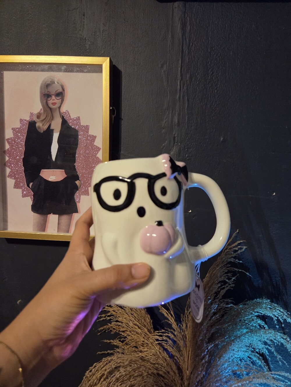 White Ghost Face Ceramic Mug with Pink Details